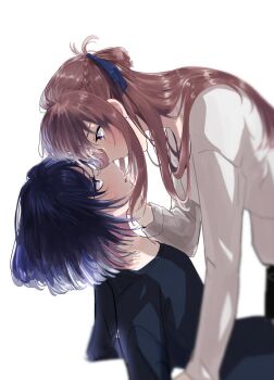 2girls black_shirt blue_hair braid brown_eyes brown_hair commentary_request eye_contact half_up_braid hand_on_another&#039;s_face long_hair looking_at_another lr6fko4upypf9hv medium_hair miyagi_shiori multiple_girls noses_touching parted_lips sendai_hazuki shirt shuuniichido_classmate_wo_kau_hanashi simple_background white_background white_shirt yuri