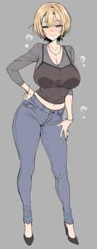 bangle blonde_hair blush bracelet breasts commentary_request earrings full_body gold_earrings green_eyes hand_on_own_hip heavy_breathing high_heels highres housewife huge_breasts jewelry legs_apart long_sleeves looking_at_viewer low-cut midriff_peek naughty_face navel_peek necklace original pants skinny_jeans smile standing sweat sweatdrop tank_top thick_thighs thighs tight_clothes tight_pants wakura_(gcdan) wide_hips wolf_cut