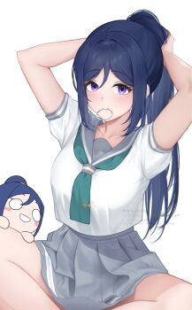 1girl arms_up blush_stickers breasts character_doll commentary doll feet_out_of_frame hair_tie_in_mouth highres indian_style large_breasts looking_at_viewer love_live! love_live!_sunshine!! matsuura_kanan mikami_sy mouth_hold nesoberi parted_bangs purple_eyes school_uniform serafuku shirt short_sleeves sidelocks simple_background sitting solo tying_hair uranohoshi_school_uniform watermark white_background white_shirt