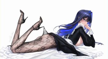 1girl absurdres apron black_dress black_hair black_sandals blue_eyes blue_hair breasts colored_inner_hair commentary dress embroidery feet_up floral_print_pantyhose hair_between_eyes high_heel_sandals highres hololive hololive_english juliet_sleeves lace lace_pantyhose lace_pantyhose_hooked_on_heel_(meme) long_dress long_hair long_sleeves looking_at_viewer lying maid maid_apron meme multicolored_hair official_alternate_costume on_stomach ouro_kronii ouro_kronii_(maid) pantyhose puffy_sleeves sandals sideboob signature simple_background single_hair_intake sleeve_cuffs smile solo strappy_heels the_pose turning_head vilkichan virtual_youtuber white_background