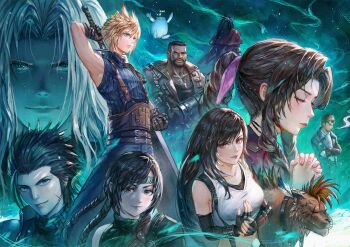 3girls 6+boys adjusting_clothes adjusting_gloves aerith_gainsborough animal_collar aqua_eyes armor ascot bare_shoulders barret_wallace beard belt black_bra black_gloves black_hair blonde_hair blue_eyes blue_jacket blue_pants blue_shirt bra braid braided_ponytail breasts brown_belt brown_eyes brown_gloves brown_hair brown_vest buster_sword cait_sith_(final_fantasy) cid_highwind cigarette cloak closed_eyes cloud_strife collar crop_top crossed_arms dark-skinned_male dark_skin dog_tail elbow_gloves facial_hair facial_mark facial_scar feather_hair_ornament feathers final_fantasy final_fantasy_vii final_fantasy_vii_rebirth final_fantasy_vii_remake fingerless_gloves gloves goggles goggles_on_head green_shirt grey_hair hair_between_eyes hair_ornament hair_ribbon hair_slicked_back highres holding holding_sword holding_weapon interlocked_fingers jacket lifestream long_hair maid_headdress medium_breasts midriff moogle multiple_belts multiple_boys multiple_girls own_hands_clasped own_hands_together pants parted_bangs pauldrons pink_ribbon praying prosthetic_weapon red_cloak red_eyes red_jacket red_xiii ribbed_shirt ribbon scar scar_across_eye scar_on_cheek scar_on_face sephiroth shirt short_hair shoulder_armor sideburns sidelocks single_bare_shoulder single_braid single_pauldron sleeveless sleeveless_shirt sleeveless_turtleneck smoking spiked_hair sports_bra suspenders sword sword_on_back tail tifa_lockhart tim_kong turtleneck underwear upper_body very_short_hair vest vincent_valentine weapon weapon_on_back white_ascot white_shirt yuffie_kisaragi zack_fair