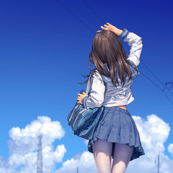 1girl a.x. absurdres arm_up artist_name bag blue_skirt blue_sky brown_hair cloud commentary_request dated english_text highres large_variant_set long_hair original outdoors pantyhose photo-referenced pleated_skirt revision school_uniform serafuku skirt sky solo variant_set white_pantyhose