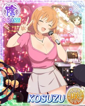 1girl :d ahoge border breasts card_(medium) character_name cleavage closed_eyes english_text flat_screen_tv game_cg gluteal_fold holding holding_microphone instrument jewelry karaoke kosuzu_(senran_kagura) large_breasts mai_(senran_kagura) maracas medium_hair microphone music necklace official_alternate_costume official_art open_mouth orange_hair pink_shirt senran_kagura senran_kagura_new_wave shirt singing skirt smile solo tambourine television v