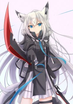 Rule 34 | 1girl, animal ears, azur lane, black gloves, blue eyes, chokutou, dual wielding, fox ears, fox girl, fur collar, gloves, grey hair, highres, holding, holding sword, holding weapon, katana, kawakaze (azur lane), kawakaze (monochromatic interlude) (azur lane), long hair, long sleeves, looking at viewer, mountainous horizon, official alternate costume, popped collar, restraints, ribbon-trimmed clothes, ribbon trim, ship turret, skirt, solo, sword, tail, very long hair, weapon, white hair, yukishiro haku