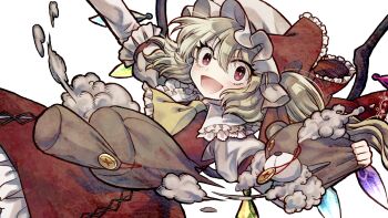 1girl ascot blonde_hair collared_shirt cross-laced_clothes cross-laced_skirt crystal crystal_wings embellished_costume flandre_scarlet frilled_shirt_collar frills game_cg hat highres holding_detached_head long_sleeves looking_at_viewer marisa_of_liartop_mountain mob_cap multicolored_wings non-web_source official_art one_side_up open_mouth red_eyes red_skirt red_vest second-party_source shirt skirt skirt_set smile socha solo stuffed_animal stuffed_toy stuffing teddy_bear touhou transparent_background vest white_hat wings yellow_ascot