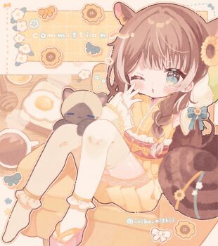 1girl ;o animal_ears blue_bow blue_eyes blush bow braid bread bread_slice brown_hair brown_sandals coffee commentary commission couch cup egg_(food) flower food frilled_sleeves frilled_thighhighs frills full_body hair_flower hair_ornament highres indie_virtual_youtuber japanese_clothes kamizakana_iriko kimono knees_up long_hair long_sleeves morigami_ryisyu mug multicolored_hair obi one_eye_closed open_mouth outline pleated_skirt red_sash sandals sash single_braid single_sandal sitting skeb_commission skirt solo squirrel_ears squirrel_girl squirrel_tail streaked_hair sunflower tabi tail teardrop thighhighs toast twitter_username two-tone_hair virtual_youtuber white_hair yellow_background yellow_kimono yellow_skirt yellow_thighhighs