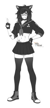 1boy ahoge animal_ears artist_name bandaid blush bone choker collarbone commission cropped_hoodie crossdressing crossdressing_(mtf) dog_ears face_piercing fingerless_gloves full_body glasses gloves hand_on_own_hip highres hood hoodie legs lip_piercing looking_at_viewer matemi medium_hair middle_finger miniskirt mole mole_on_stomach monochrome navel necktie original piercing sailor_collar shoes simple_background skirt sneakers star_(symbol) star_tattoo stomach tattoo teeth thighhighs thighs white_background