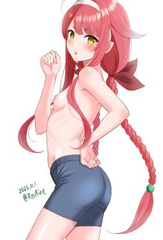 1girl :o ahoge ame-san asymmetrical_bangs black_shorts blush braid breasts commentary_request cowboy_shot dated from_side hair_flaps hair_ribbon hairband hand_on_own_hip headband highres kantai_collection kawakaze_(kancolle) kawakaze_kai_ni_(kancolle) long_hair looking_at_viewer low_twintails nipples open_mouth red_hair red_ribbon revision ribbon shorts simple_background small_breasts topless_female twin_braids twintails twitter_username very_long_hair white_background white_headband yellow_eyes