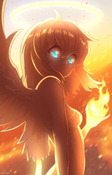 1girl absurdres ahoge angel angel_wings aqua_eyes blonde_hair breasts closed_mouth destruction feathered_wings fire fireball hair_between_eyes halo highres long_hair looking_at_viewer lucifina_(mon-musu_quest!) medium_breasts mon-musu_quest! pyrokinesis rain_of_fire sent99 signature smile white_wings wings yellow_halo