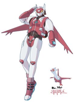 Rule 34 | 1girl, clenched hand, creature and personification, full body, gen 3 pokemon, harness, helmet, highres, latias, legendary pokemon, nintendo, personification, pokedex number, pokemon, pokemon (creature), pouch, qumyak, salute, solo, white background