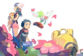 1boy 1girl akira_a_a alternate_form backpack bag beanie black_hair black_socks blue_eyes blue_hair blush breasts buizel closed_mouth dawn_(pokemon) flower flying gen_4_pokemon gracidea green_fur hair_ornament hairclip hat highres holding holding_pokemon holding_unworn_clothes holding_unworn_hat legendary_pokemon long_hair lucas_(pokemon) mythical_pokemon nintendo open_mouth pants pink_skirt pokemon pokemon_(creature) pokemon_dppt red_hat scarf shaymin shaymin_(sky) shirt short_hair skirt sleeveless smile socks two-tone_fur unworn_hat unworn_headwear white_hat yellow_bag