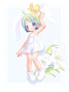 1girl :d absurdres animal antenna_hair arm_up bare_arms bare_shoulders blue_background blue_eyes blush border cat character_request copyright_request dress flat_chest flower full_body green_hair highres loli open_mouth outline outside_border panties polka_dot polka_dot_background pop_(electromagneticwave) scan see-through_clothes see-through_dress shoes short_hair sleeveless sleeveless_dress smile solo standing third-party_source underwear white_border white_dress white_flower white_outline white_panties white_shoes yellow_cat
