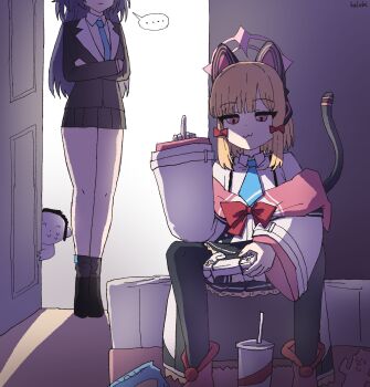 ... 1boy 2girls :3 absurdres animal_ear_headphones animal_ears black_jacket black_skirt blonde_hair blue_archive blue_necktie cat_ear_headphones cat_ears cat_tail closed_mouth commentary controller crossed_arms cup disposable_cup doodle_sensei_(blue_archive) drinking_straw dualsense english_commentary fake_animal_ears fake_tail game_controller grand_theft_auto grand_theft_auto_v halo hand_up head_out_of_frame headphones highres holding holding_controller holding_game_controller indoors jacket kai_xin long_hair long_sleeves middle_finger miniskirt momoi_(blue_archive) multiple_girls necktie peeking_out pink_eyes pink_halo playstation_controller pleated_skirt purple_hair sensei_(blue_archive) short_hair sitting skirt smile spoken_ellipsis standing tail two_side_up white_jacket yuuka_(blue_archive)