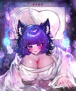 1girl animal_ear_fluff animal_ears ass black_hair blush breast_rest breasts breasts_on_table breasts_out bridge_piercing butt_crack cat_ears climbing computer face_piercing ghost ghost_costume halloween halloween_costume large_areolae large_breasts monitor multicolored_hair nicoenvt nipples nude nyan_mei piercing purple_background purple_eyes purple_hair see-through_clothes short_hair solo solo_focus spirit television the_ring tongue tongue_out top-down_bottom-up tv_screen wavy_hair