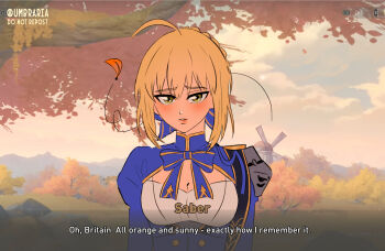 Rule 34 | 1girl, ahoge, alternate breast size (larger), artoria pendragon (fate), blonde hair, blue bow, blue bowtie, bow, bowtie, braid, breasts, cleavage, cleavage cutout, clothing cutout, commentary, english commentary, english text, fate/stay night, fate (series), green eyes, hair ribbon, highres, honkai: star rail, honkai (series), large breasts, leaf, ribbon, saber (fate), saber (honkai: star rail) (fate), solo, tree, tumblr username, umbra (edits umbra), watermark, windmill