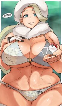1girl bikini blue_eyes breasts english_text fur_collar fur_hat grey_bikini hat highres huge_breasts hunter_rank_e large_breasts long_hair mature_female melony_(pokemon) multicolored_bikini multicolored_hair nintendo plump pokemon pokemon_swsh smile solo streaked_hair swimsuit two-tone_bikini ushanka white_bikini white_hat