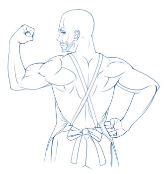 1boy apron ass bald bara commentary_request eibon facial_hair flexing from_behind male_focus mature_male median_furrow monochrome muscular muscular_male naked_apron science_adventure shoulder_blades simple_background solo steins;gate tennouji_yuugo white_background