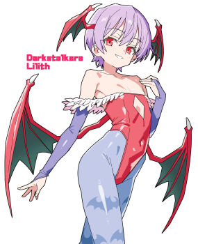 1girl aged_down animal_print bare_shoulders bat_print blue_pantyhose bridal_gauntlets character_name collarbone copyright_name covered_navel darkstalkers demon_wings diamond_cutout flat_chest grin groin hair_between_eyes head_wings highleg highleg_leotard highres leotard lilith_(darkstalkers) loli looking_at_viewer matuo3232 pantyhose print_pantyhose purple_bridal_gauntlets purple_hair red_eyes red_leotard red_wings short_hair smile solo white_background wings