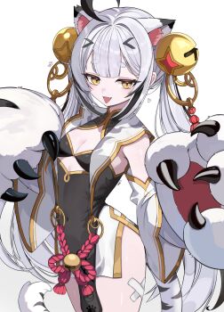 Rule 34 | 1girl, :d, absurdres, animal ears, animal hands, bandaid, bandaid on leg, bell, breasts, cleavage, commentary, cowboy shot, crossed bandaids, fang, gloves, hair bell, hair ornament, highres, jiyue (stella sora), kkato, long hair, looking at viewer, open mouth, paw gloves, pelvic curtain, simple background, small breasts, smile, solo, stella sora, symbol-only commentary, tail, tiger ears, tiger girl, tiger tail, twintails, white background, white hair, yellow eyes