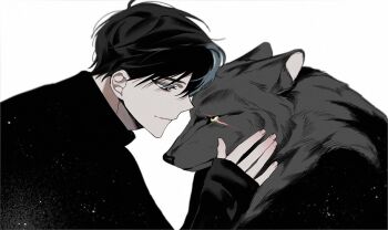 animal animalization black_eyes black_hair black_shirt dual_persona hand_on_another&#039;s_face hand_up high_collar hinizana long_sleeves looking_at_another omniscient_reader&#039;s_viewpoint person_and_animalization scar scar_across_eye scar_on_face secretive_plotter shirt short_hair smile starry_sky_print upper_body wolf yoo_joonghyuk