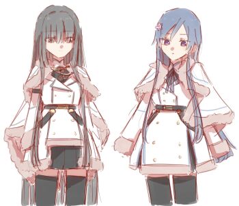 2girls adapted_costume akashi_manaka aoki_kaho arms_at_sides assault_lily belt black_belt black_skirt black_thighhighs brown_eyes buttons cape closed_mouth commentary cowboy_shot cropped_legs double-breasted eyes_visible_through_hair flower fur-trimmed_cape fur-trimmed_jacket fur-trimmed_sleeves fur_trim hair_between_eyes hair_flower hair_ornament hair_over_eyes high_belt highres jacket long_hair long_sidelocks looking_at_viewer miniskirt multiple_girls pleated_skirt purple_eyes purple_flower rui_rui_rui0122 sidelocks simple_background skirt sleeves_past_fingers sleeves_past_wrists standing thighhighs very_long_hair very_long_sidelocks white_background white_cape white_jacket zettai_ryouiki