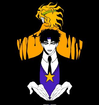 2boys back-to-back birthmark black_background black_hair black_necktie blonde_hair clamchowder55 closed_eyes collared_shirt colored_skin dio_brando green_headband headband highres jacket joestar_birthmark jojo_no_kimyou_na_bouken jonathan_joestar melting multiple_boys necktie no_nose parted_lips phantom_blood purple_sweater_vest shirt star_(symbol) stardust_crusaders sweater_vest teeth white_shirt white_skin yellow_jacket