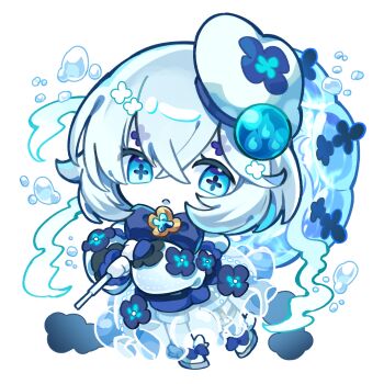 Rule 34 | 1girl, beret, blue dress, blue eyes, blue hat, chibi, dress, floral print, flower, hair flower, hair ornament, hat, highres, jellia (p&amp;d), kuuron (moesann17), open mouth, puzzle &amp; dragons, short hair, simple background, solo, white background, white dress, white hair