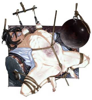 1girl arched_back bdsm black_hair black_kimono bondage bound bound_hair bound_legs bound_torso breasts bruise bruise_on_stomach in_palm injury japanese_clothes kimono medium_breasts nipple_clamps nipple_stimulation nipple_torture original purple_eyes pussy_juice robe spread_legs tears teeth undershirt warabite white_robe