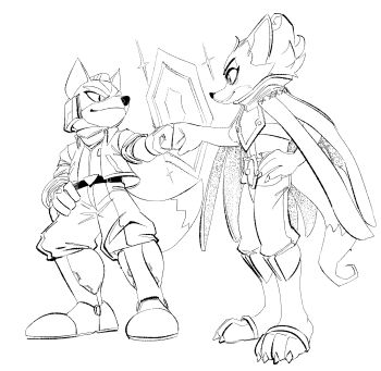 1boy 1girl belt boots commission eye_contact fist_bump fox fox_mccloud furry hand_on_own_hip highres hydroxian krystal long_sleeves looking_at_another nintendo reflector_(star_fox) simple_background standing star_fox