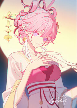 1girl breasts character_name chinese_clothes chinese_commentary chinese_hairstyle commentary_request diamond-shaped_pupils diamond_(shape) dress elf elysia_(hi_love_elf)_(honkai_impact) elysia_(honkai_impact) elysia_(moonlit_grace)_(honkai_impact) full_moon honkai_(series) honkai_impact_3rd large_breasts looking_at_viewer moon multicolored_hair official_alternate_costume pink_dress pink_hair pointy_ears purple_eyes short_hair solo sougishi_ego symbol-shaped_pupils two-tone_hair white_hair