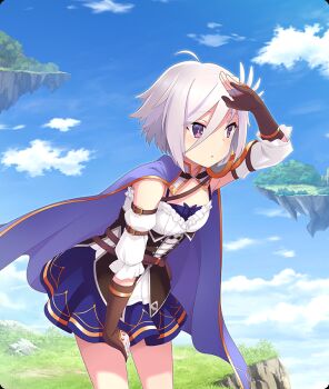 Rule 34 | 1girl, ahoge, arm up, black corset, blue skirt, blue sky, breasts, brown gloves, cape, cloud, corset, cowboy shot, day, detached sleeves, dress, fantasy, floating island, frilled dress, frills, game cg, gloves, hair between eyes, hand on own thigh, itomi sayaka, leaning forward, official art, outdoors, partially fingerless gloves, purple cape, purple eyes, purple hair, searching, short hair, skirt, sky, sleeveless, sleeveless dress, small breasts, solo, third-party source, toji no miko, toji no miko: kizamishi issen no tomoshibi, underbust, white dress, white sleeves