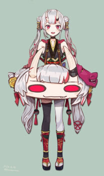 Rule 34 | 1girl, asymmetrical legwear, bare shoulders, breasts, fang, gradient hair, haruyama kazunori, horns, long hair, long legs, multicolored hair, red eyes, red hair, sideboob, smile, two-tone hair, white hair