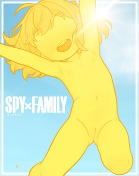 1girl anya_(spy_x_family) casytay cleft_of_venus commentary completely_nude copyright_name english_commentary flat_chest full_cleft highres loli navel nipples nude open_mouth pussy solo spy_x_family uncensored