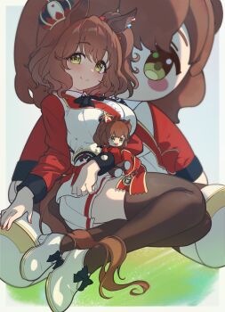 1girl absurdres animal_ears aston_machan_(flare)_(umamusume) aston_machan_(umamusume) black_bow black_bowtie black_thighhighs blush bow bowtie breasts brown_hair character_doll closed_mouth commentary_request crown doll doqute_stuffed_doll ear_ornament green_eyes hair_between_eyes hair_ornament hair_scrunchie highres holding holding_doll horse_ears horse_girl horse_tail large_breasts long_sleeves looking_at_viewer medium_hair mini_crown modi red_nails red_sash red_scrunchie red_sleeves sash scrunchie shirt shoulder_sash skirt smile solo tail thighhighs tilted_headwear umamusume white_shirt white_skirt