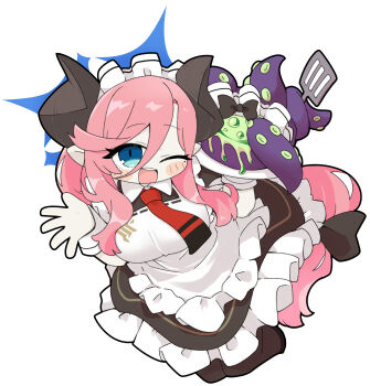 1girl ;d alternate_costume apron black_dress black_pantyhose black_shoes blue_archive blue_eyes blush_stickers breasts chibi collared_dress demon_horns dress enmaided frilled_apron frilled_dress frills full_body hair_between_eyes halo horns juri_(blue_archive) large_breasts long_hair looking_at_viewer maid maid_apron maid_headdress miranofuudoria one_eye_closed open_mouth pantyhose pink_hair shoes simple_background smile solo spatula tentacles very_long_hair white_apron white_background