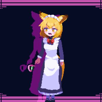 :d animal_ears animated animated_gif apron arm_behind_back birdman46049238 black_background black_dress black_footwear blonde_hair blush_stickers bob_cut borrowed_character bow bowtie breasts brooch costume_change dress dress_bow drop_shadow fang fox_ears fox_girl fox_tail frilled_apron frilled_dress frilled_hairband frills full_body gosu_mei_(sakifox) hair_bow hairband jewelry leg_ribbon long_dress long_sleeves looking_at_object looking_at_viewer magical_girl maid maid_headdress mary_janes open_mouth original pink_dress pink_ribbon pink_shoes pixel_art purple_socks red_bow red_bowtie red_ribbon ribbon sakitsune scepter shoes short_hair short_sleeves simple_background small_breasts smile socks spinning standing tail tail_wagging transformation spinning_weapon two-tone_dress white_apron white_dress white_hairband wide-eyed yellow_background