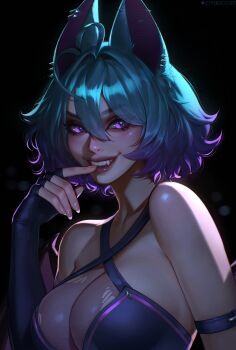 Rule 34 | 1girl, absurdres, ahoge, animal ears, bare shoulders, bat ears, bat girl, bat wings, biting, black background, blue hair, breasts, cleavage, cmapca, ear piercing, elbow gloves, fang, fingerless gloves, fingernails, gloves, hand up, heart, heart ahoge, highres, large breasts, lips, looking at viewer, makeup, multicolored hair, nail biting, original, piercing, purple eyes, purple hair, see-through clothes, short hair, simple background, smile, solo, teeth, torn clothes, two-tone hair, upper body, wings