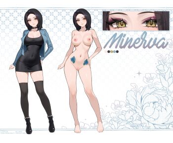 1girl absurdres black_boots black_dress black_hair black_socks blue_flower blue_jacket blue_rose boots breasts choker commission commissioner_upload dress eyeshadow flower hazel_eyes helloimtea highres jacket large_breasts makeup non-web_source original pussy reference_sheet rose socks solo stomach_tattoo tattoo