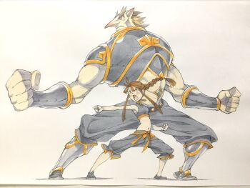 1boy 1girl armor belt black_pants black_shirt black_shoes bracer braid breastplate brown_eyes brown_hair capri_pants clenched_hands commentary crop_top fighting_stance full_body giant giant_male greaves highres legs_apart long_hair long_sidelocks martial_arts_belt midriff muscular muscular_male navel nose open_mouth orange_belt original pants parted_lips peter_salt pointy_ears pointy_nose red_eyes red_nose shirt shoes short_hair sidelocks single_braid size_difference sleeveless sleeveless_shirt standing thick_eyebrows traditional_media white_background