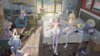 6+girls absurdres artist_request bed blonde_hair blush bottle braid breasts camellya_(wuthering_waves) carlotta_(wuthering_waves) cartethyia_(wuthering_waves) chair cleavage computer crossed_legs cup drinking_glass highres jinhsi_(peach_blossom)_(wuthering_waves) jinhsi_(wuthering_waves) laptop long_hair looking_inside lying medium_breasts multiple_girls nipples on_back pantyhose phoebe_(wuthering_waves) phrolova_(wuthering_waves) pillow plant potted_plant short_twintails single_braid sitting sleeping smile stuffed_animal stuffed_toy teddy_bear topless_female twintails white_hair white_pantyhose wine_bottle wine_glass wuthering_waves xiaogeng_geng