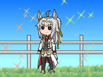 1girl ahoge animal_ears blue_sky blush brooch closed_mouth clothing_cutout commentary_request cropped_jacket ear_ornament fance grass grey_hair grey_leotard grey_tail hair_between_eyes hair_ornament hair_ribbon hairband hip_vent horse_ears horse_girl horse_tail jacket jewelry leotard long_hair long_sleeves mr._ebidou neckerchief official_alternate_costume oguri_cap_(cinderella_gray)_(umamusume) oguri_cap_(umamusume) overskirt ponytail red_neckerchief ribbon shorts sky smile solo sparkle star_brooch tail umamusume umamusume:_cinderella_gray white_jacket white_shorts