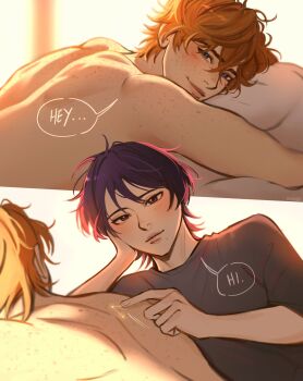 2boys artist_name back back_freckles blue_eyes blush body_freckles couple freckles genshin_impact grey_shirt highres lips looking_at_another lying male_focus multiple_boys nude on_stomach orange_hair purple_eyes purple_hair scaramouche_(genshin_impact) shirt shoulder_freckles smile speech_bubble tartaglia_(genshin_impact) upper_body wiistef yaoi