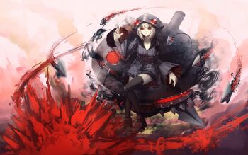 1girl absurdres black_thighhighs breasts cleavage coat command_&amp;_conquer command_&amp;_conquer:_red_alert command_&amp;_conquer:_red_alert_2 crazy_smile dart full_body fur-trimmed_coat fur_trim grey_coat grey_hood highres hood hood_up hoodie horned_hood horns incoming_attack leaning_on_object libra_(mental_omega) long_sleeves machine machinery medium_breasts mental_omega_(mod) mys_sk pale_skin pleated_coat pleated_sleeves red_clouds red_eyes shoes short_hair smile solo telekinesis thighhighs white_hair wispy_bangs zipper