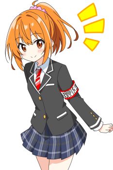 1girl armband black_jacket blazer blue_skirt blush brown_eyes buttons closed_mouth collared_shirt commentary_request dot_nose highres jacket kotatsu-mazoku long_sleeves looking_at_viewer miniskirt necktie notice_lines orange_hair original plaid_clothes plaid_skirt pleated_skirt ponytail red_necktie school_uniform shirt short_hair sidelocks simple_background skirt smile solo striped_necktie white_background white_shirt