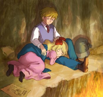 Rule 34 | 1boy, 1girl, alfredo martini, bianca martini, black shoes, blonde hair, blue eyes, blue pants, blue vest, brother and sister, cave, closed eyes, closed mouth, collared shirt, commentary request, dress, green bag, jacket, lap pillow, long hair, necktie, pants, paper, parted lips, pink dress, red necktie, romeo no aoi sora, sakai yume, shirt, shoes, short hair, siblings, sitting, sleeping, sleeping on person, unworn jacket, vest, white shirt