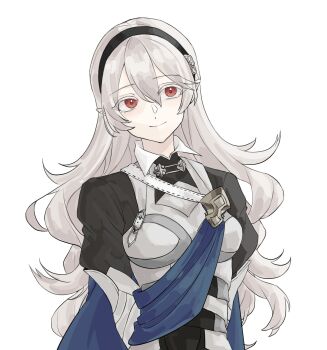 1girl black_hairband blue_cape breasts cape commentary_request female_corrin_(fire_emblem) fire_emblem fire_emblem_fates grey_hair hair_between_eyes hairband highres korean_commentary long_hair looking_at_viewer medium_breasts nintendo nyxrkgk pointy_ears red_eyes smile solo