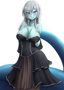 absurdres blue_eyes blue_skin breasts colored_skin highres lamia monster monster_girl serpent silver_hair snake