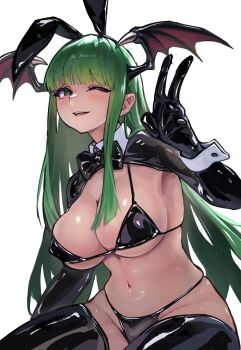 1girl ap_cammy bikini black_bikini black_thighhighs blush breasts commentary_request cowboy_shot darkstalkers demon_girl demon_wings green_eyes green_hair head_wings heart highres latex long_hair morrigan_aensland navel one_eye_closed reverse_bunnysuit reverse_outfit revision simple_background smile solo swimsuit thighhighs v white_background wings
