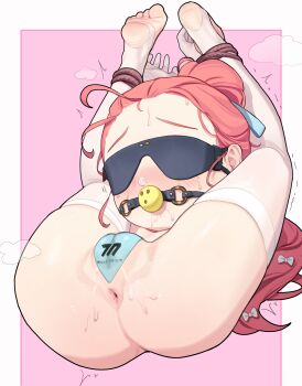 1girl absurdres anus anus_only arms_up ass ball_gag bdsm blindfold blue_archive blue_borscht blue_ribbon blush bondage bound bow cleft_of_venus commentary cum cum_bubble cum_in_nose cum_in_pussy cumdrip drooling english_commentary felxible female_focus folded forehead full_body gag gagged hair_bow hair_ribbon highres legs_up loli long_hair maebari multiple_hair_bows no_shoes nose_bubble nude paid_reward_available ponytail red_hair ribbon rope simple_background soles solo spanked spanking stirrup_legwear tears thighhighs toeless_legwear toes trembling uncensored white_bow white_thighhighs yuzu_(blue_archive) yuzu_(maid)_(blue_archive)