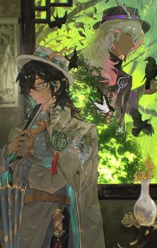 2boys absurdres aqua_hair aqua_jacket back-to-back bead_bracelet beads bird bird_on_hand black_hair black_hat black_pants black_robe blue_vest boater_hat bracelet bush changpao chinese_clothes chinese_commentary chrysanthemum closed_eyes closed_mouth closed_umbrella colored_inner_hair cowboy_shot earrings expressionless fake_horns fan_wujiu fan_wujiu_(qilin_merchant) flower folded_fan folding_fan from_inside glasses gradient_hair hair_over_one_eye hand_fan hanging_scroll hat highres holding holding_fan horned_headwear horns identity_v indoors jacket jacket_on_shoulders jade_(gemstone) jewelry lattice long_hair long_sleeves looking_at_viewer male_focus matching_outfits multicolored_hair multiple_boys official_alternate_costume oil-paper_umbrella pants petals pink_hair profile purple_eyes rain reverse_palettes robe scroll semi-rimless_eyewear shiwu_ye_ying sideways_glance smile standing tassel tassel_earrings tree umbrella under-rim_eyewear upper_body vase vest white_hair white_hat white_jacket white_robe window xie_bi&#039;an xie_bi&#039;an_(qilin_merchant) yaopei yellow-framed_eyewear yellow_flower